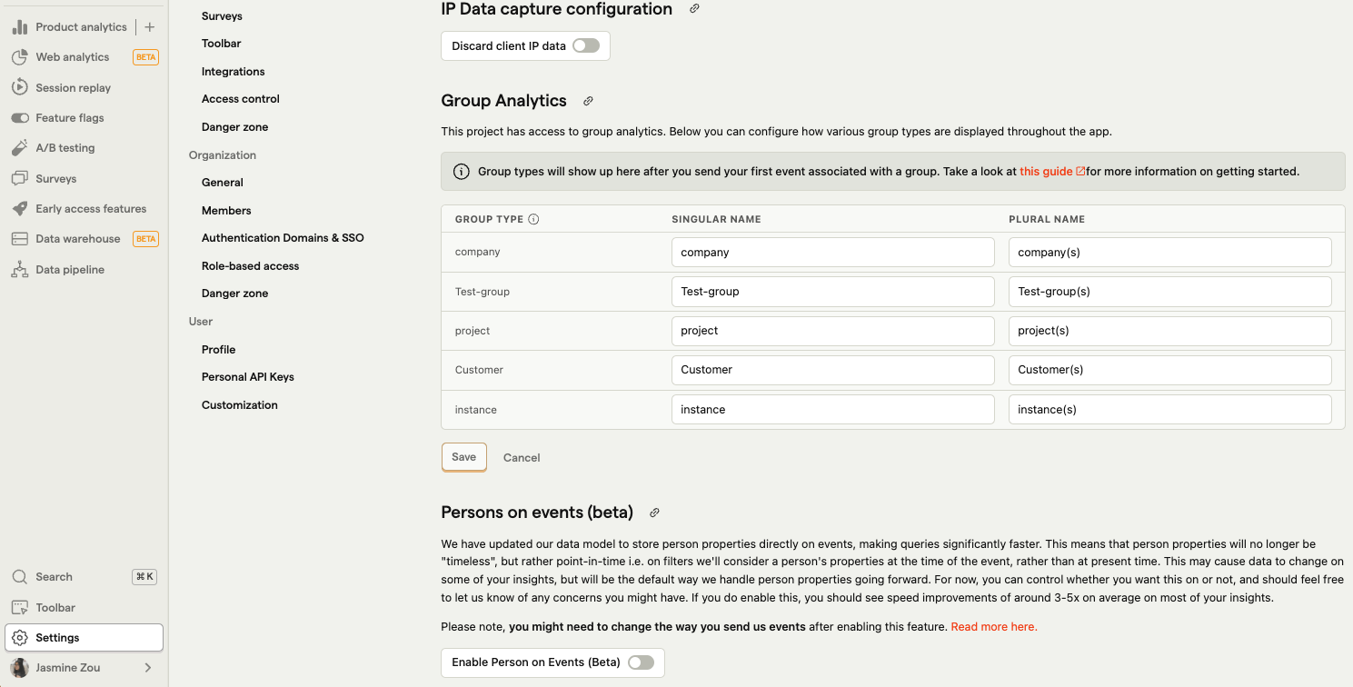 Groups in project settings