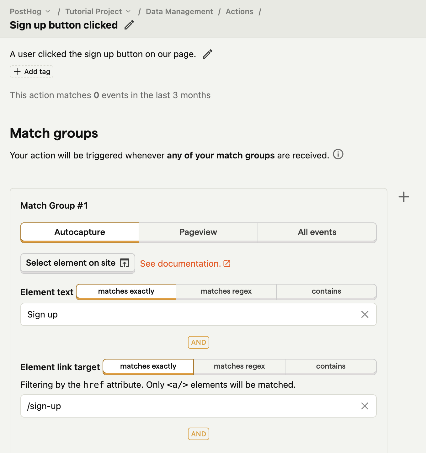 Form with the field 'Link target equals' and 'Text equals' set to '/sign-up' and 'Sign up' respectively